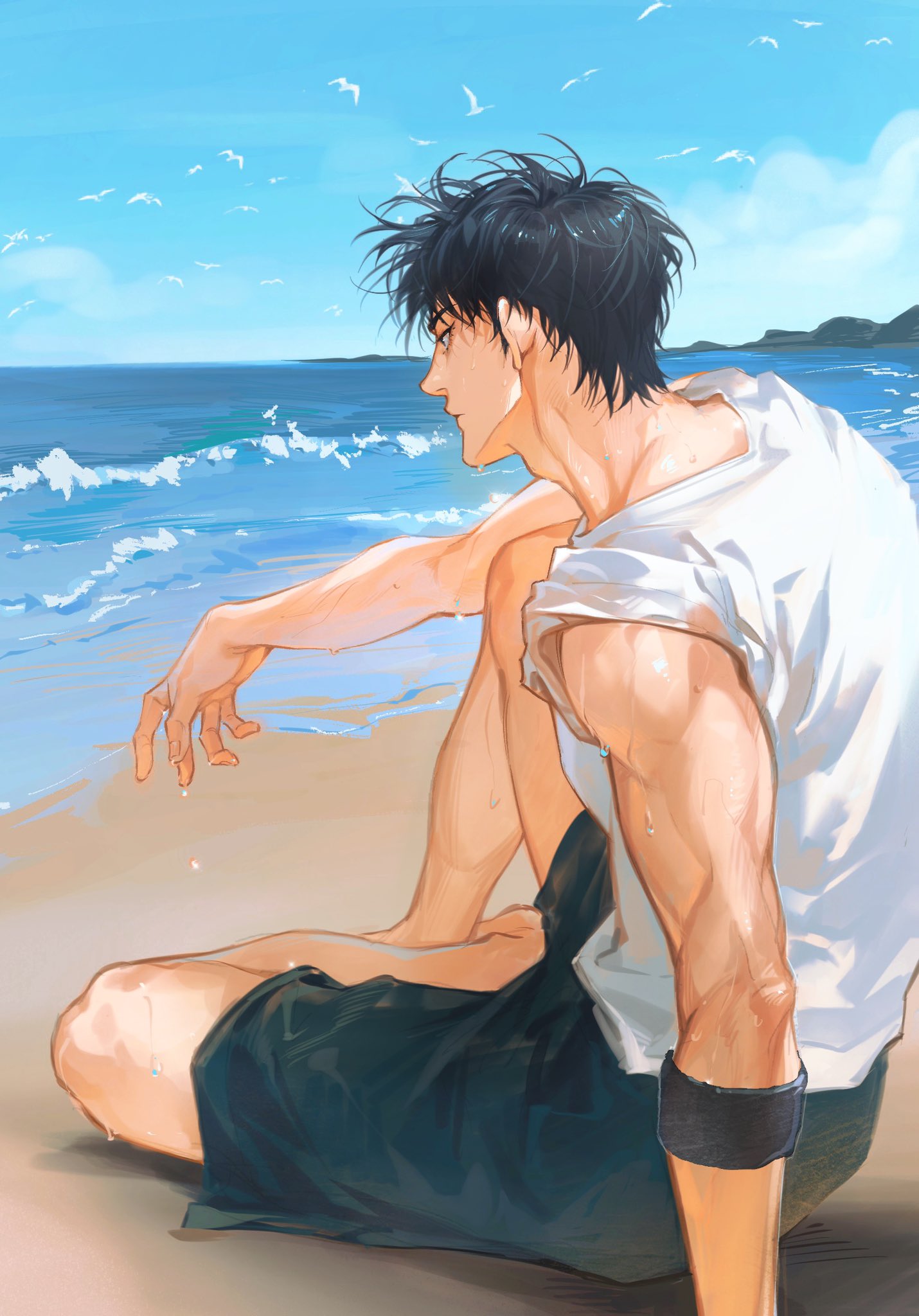 1boy adam's_apple armband bara beach bird black_armband black_hair black_shorts blue_sky chimmyming closed_mouth facing_away from_behind highres male_focus ocean rukawa_kaede seagull shirt shore shorts sitting sky slam_dunk_(series) solo toned toned_male wet white_shirt