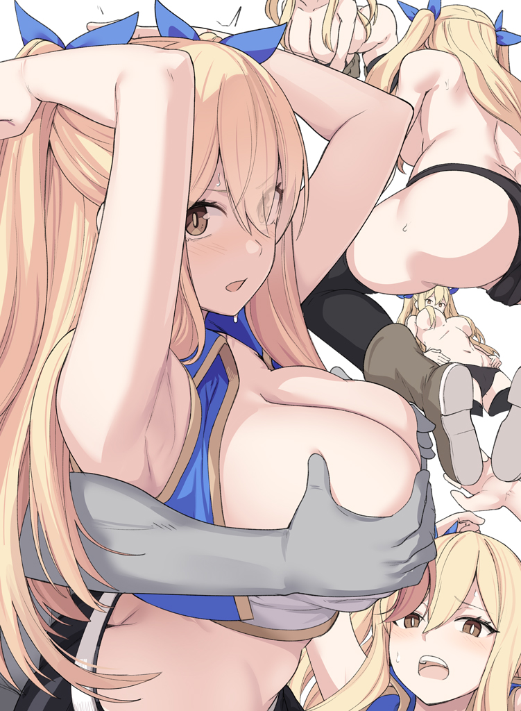 1girl all_fours armpits arms_up back bare_shoulders black_panties black_skirt black_thighhighs blonde_hair boots breasts brown_eyes cleavage convenient_censoring disembodied_limb fairy_tail hair_over_breasts large_breasts long_hair looking_at_viewer looking_down lucy_heartfilia midriff miniskirt multiple_views navel nude open_mouth panties shiseki_hirame skirt thighhighs topless underwear