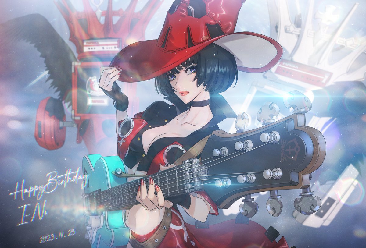 1girl adjusting_clothes adjusting_headwear black_choker black_gloves black_hair breasts character_name choker cleavage dated electric_guitar fingerless_gloves gloves guilty_gear guilty_gear_strive guitar happy_birthday hat hitsuji_kusa i-no instrument large_breasts looking_at_viewer mole mole_above_mouth red_headwear red_leather red_lips red_nails short_hair venus_symbol witch_hat
