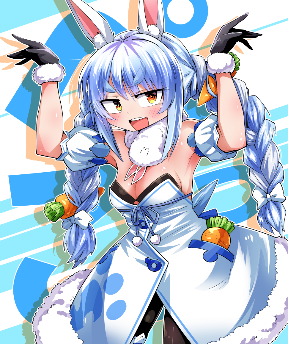 1girl animal_ears armpits black_gloves black_leotard black_pantyhose blue_hair blush bow braid breasts carrot_hair_ornament cleavage commentary_request cowboy_shot detached_sleeves don-chan_(usada_pekora) dress food-themed_hair_ornament fur-trimmed_gloves fur_scarf fur_trim gloves hair_bow hair_ornament hololive leotard leotard_under_clothes long_hair looking_at_viewer medium_bangs medium_breasts multicolored_hair open_mouth orange_eyes pantyhose puffy_detached_sleeves puffy_short_sleeves puffy_sleeves rabbit_ears rabbit_girl rabbit_pose scarf shimizu_pem short_sleeves sidelocks smile solo strapless strapless_dress teeth thick_eyebrows twin_braids twintails two-tone_hair upper_teeth_only usada_pekora usada_pekora_(1st_costume) virtual_youtuber white_bow white_dress white_hair white_scarf white_sleeves