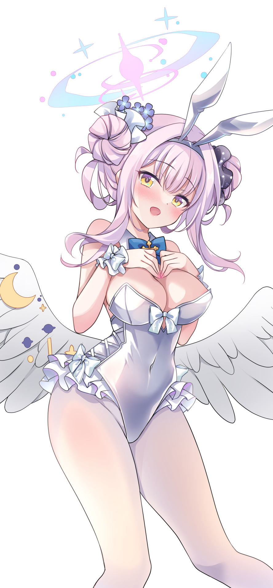 1girl angel_wings animal_ears blue_archive blue_bow blue_bowtie blush bow bowtie breasts cleavage covered_navel detached_collar fake_animal_ears feathered_wings feet_out_of_frame flower hair_bun hair_flower hair_ornament halo highres ichiyou_moka large_breasts leotard long_hair looking_at_viewer mika_(blue_archive) open_mouth pantyhose pink_hair pink_halo purple_flower rabbit_ears simple_background single_side_bun smile solo strapless strapless_leotard white_background white_leotard white_pantyhose white_wings wings yellow_eyes