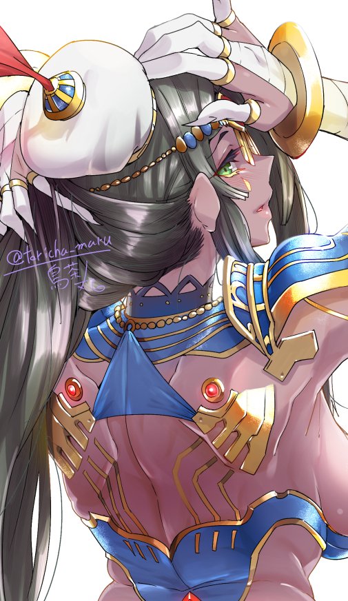 1girl arm_wrap armlet armor arms_up back bandaged_arm bandages black_hair blue_armor bracelet breastplate breasts bridal_gauntlets circlet dark-skinned_female dark_skin facial_mark fate/grand_order fate_(series) green_eyes hat jewelry large_breasts long_hair looking_at_viewer looking_back open_mouth parted_bangs pauldrons ring scheherazade_(fate) shoulder_armor solo torichamaru