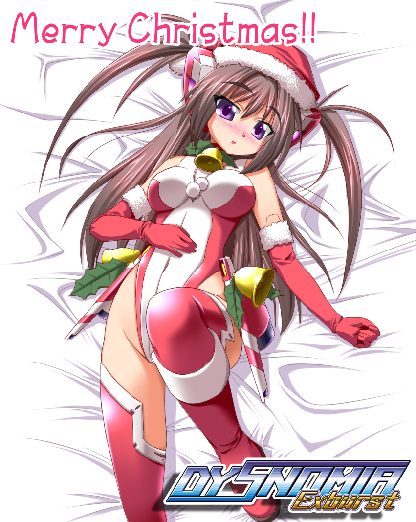 :o bangs bed_sheet bell bell_choker between_breasts blush boots breasts breasts_apart choker christmas clenched_hand copyright_name covered_navel dysnomia_exburst elbow_gloves embarrassed english eyebrows_visible_through_hair faulds from_above fur_trim gloves gradient grey_hair groin hair_between_eyes hand_on_own_stomach hat highleg highleg_leotard impossible_clothes impossible_leotard indoors knee_boots knee_up leotard logo long_hair looking_at_viewer lying matatabi_(2ccp) medium_breasts merry_christmas nose_blush official_art on_back on_bed parted_lips pom_pom_(clothes) purple_eyes red_footwear red_gloves red_hat red_legwear red_leotard robot_ears robot_joints santa_costume santa_hat shadow skin_tight solo straight_hair sylphris thighhighs two_side_up very_long_hair white_leotard