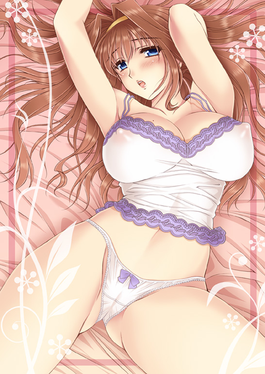 arms_up bed blue_eyes blush breasts brown_hair cameltoe covered_nipples kuroda_akimi large_breasts lingerie long_hair lying mole mole_on_breast nipples original panties see-through solo underwear white_panties