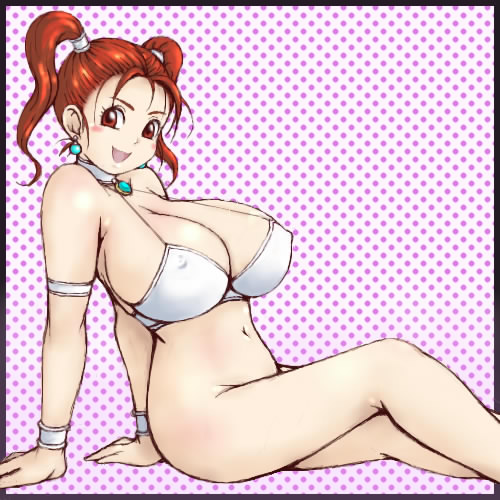 1girl alternate_costume bare_shoulders bottomless bra breasts cleavage dragon_quest dragon_quest_viii earrings erect_nipples female huge_breasts inomaru jessica_albert jewelry legs lingerie lowres necklace open_mouth plain_bra plump red_eyes red_hair sitting solo square_enix twintails underwear white_bra wrist_cuffs