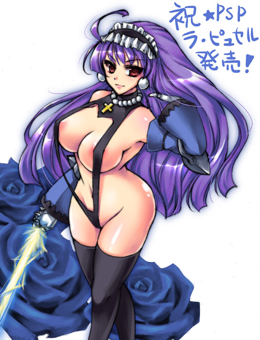 areola_slip areolae bad_id bad_pixiv_id blue_flower blue_rose breasts cleavage covered_nipples dark_eclair detached_sleeves eclair_(la_pucelle) flower la_pucelle large_breasts legs long_hair purple_hair red_eyes rose shapiro sideboob slingshot_swimsuit solo swimsuit thighhighs thighs white_background