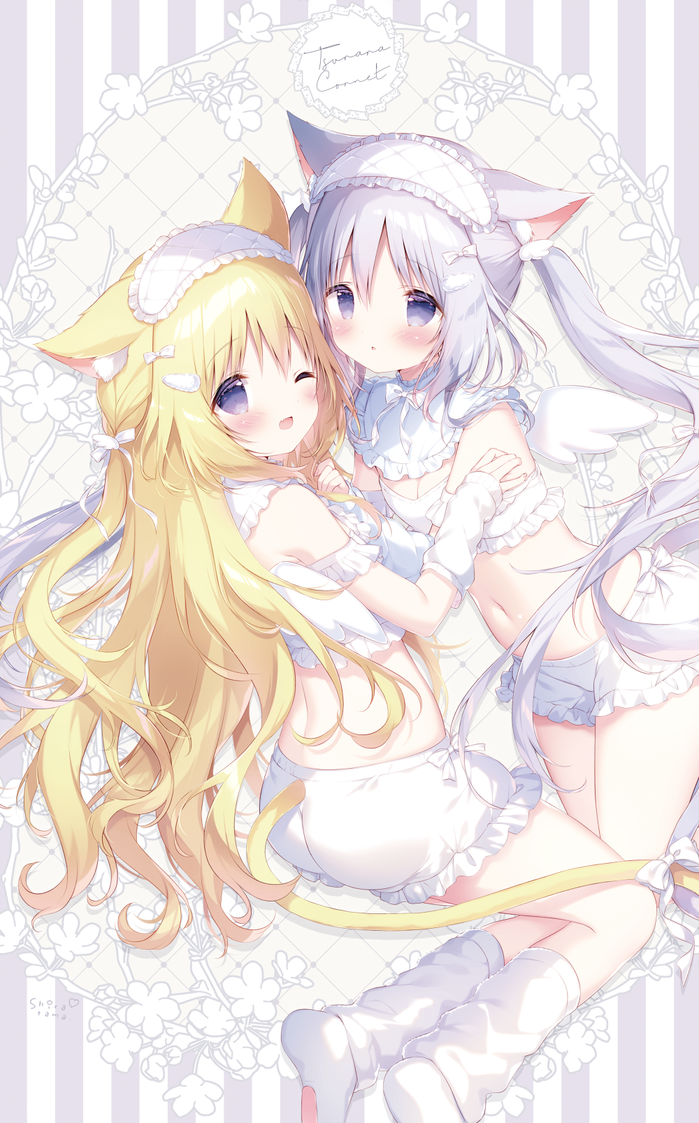 2girls :o ;d animal_ear_fluff animal_ears ass bare_shoulders blonde_hair blue_eyes blush bow breasts cat_ears cat_girl cat_tail cleavage commentary fake_wings fang frilled_shorts frills grey_hair hair_between_eyes hair_bow highres korone_(shiratama) long_hair loose_socks multiple_girls navel no_shoes one_eye_closed original parted_lips shiratama_(shiratamaco) short_shorts shorts small_breasts smile socks soles striped striped_background symbol-only_commentary tail tsurara_(shiratama) twintails vertical_stripes very_long_hair white_bow white_shorts white_socks white_wings wings