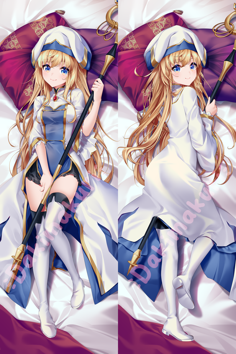 1girl ass bed_sheet black_skirt blonde_hair blue_eyes boots breasts closed_mouth commentary_request dakimakura_(medium) dress frilled_skirt frills goblin_slayer! hair_between_eyes highres holding holding_staff long_hair lying multiple_views on_back on_side priestess_(goblin_slayer!) rimuu shoe_soles skirt small_breasts smile staff thigh_boots very_long_hair watermark white_dress white_footwear white_headwear