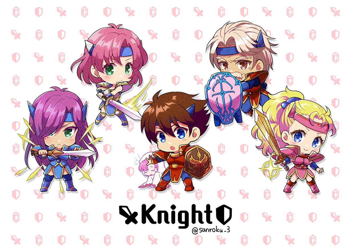 2boys 3girls armor bartz_klauser blonde_hair blue_eyes blue_footwear blue_headband brown_eyes brown_hair chibi facial_hair faris_scherwiz final_fantasy final_fantasy_v galuf_halm_baldesion grandfather_and_granddaughter green_eyes hair_bobbles hair_ornament hair_over_one_eye headband holding holding_shield holding_sword holding_weapon knight krile_mayer_baldesion_(ff5) lenna_charlotte_tycoon light_blush long_hair looking_at_viewer motion_lines multiple_boys multiple_girls mustache old old_man open_mouth parted_bangs pink_footwear pink_hair ponytail purple_hair red_armor red_footwear sanroku_3 shield short_hair shoulder_armor smile sparkle sword twitter_username weapon white_hair white_mage