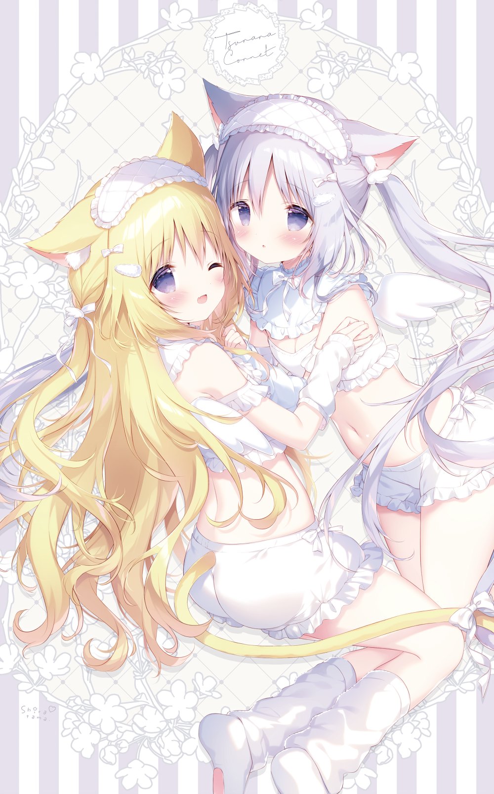 2girls :o ;d animal_ear_fluff animal_ears ass bare_shoulders blonde_hair blue_eyes blush bow breasts cat_ears cat_girl cat_tail cleavage commentary fake_wings fang frilled_shorts frills grey_hair hair_between_eyes hair_bow highres long_hair loose_socks multiple_girls navel no_shoes one_eye_closed original parted_lips shiratama_(shiratamaco) short_shorts shorts small_breasts smile socks soles striped striped_background symbol-only_commentary tail twintails vertical_stripes very_long_hair white_bow white_shorts white_socks white_wings wings