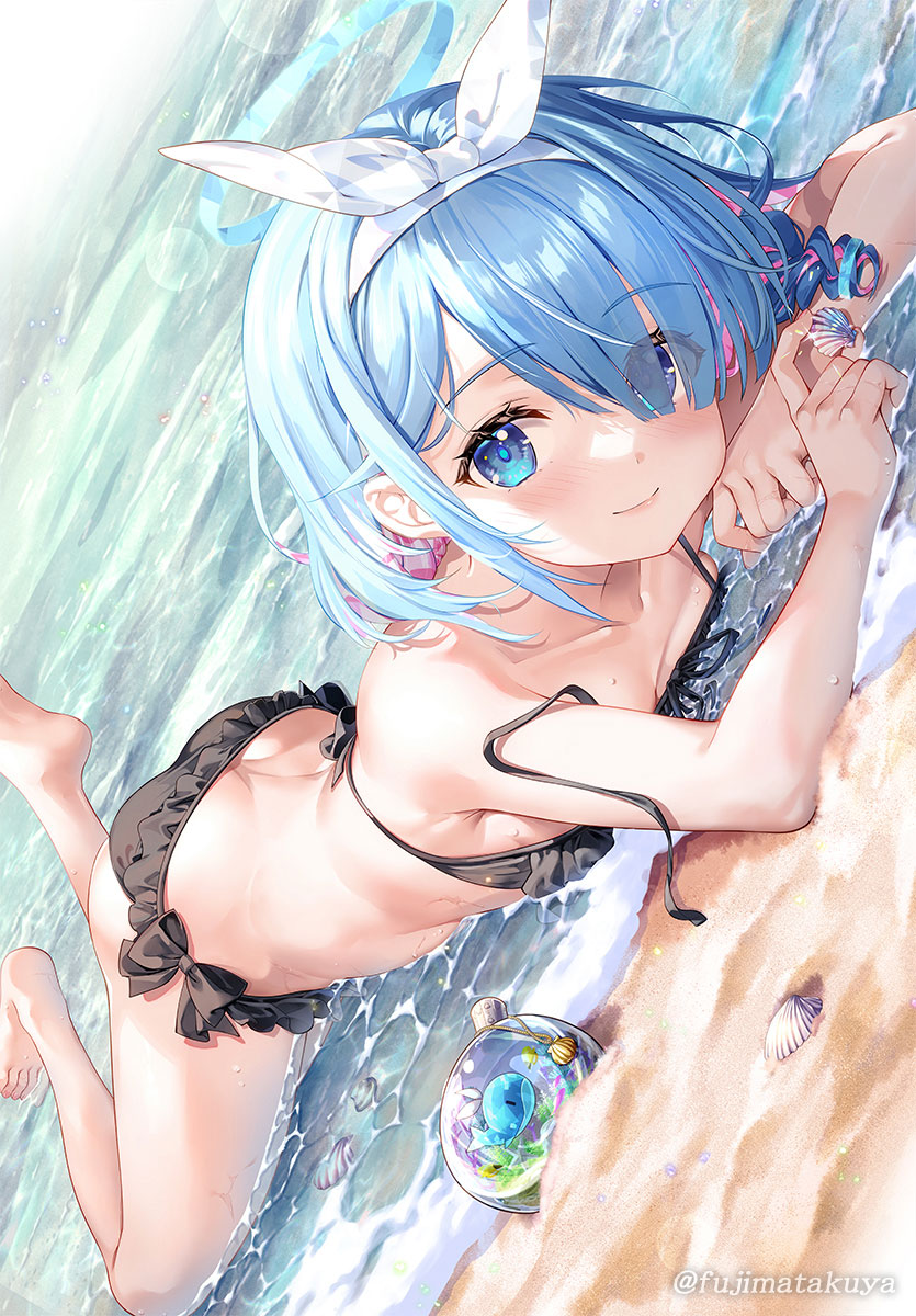 1girl arona_(blue_archive) ass bare_legs bare_shoulders barefoot beach bikini black_bikini blue_archive blue_eyes blue_halo blush bow_hairband colored_inner_hair day frilled_bikini frills fujima_takuya full_body hair_ornament hair_over_one_eye hairband halo highres holding looking_at_viewer lying multicolored_hair ocean official_alternate_costume on_stomach outdoors sand short_hair smile solo swimsuit water white_hairband