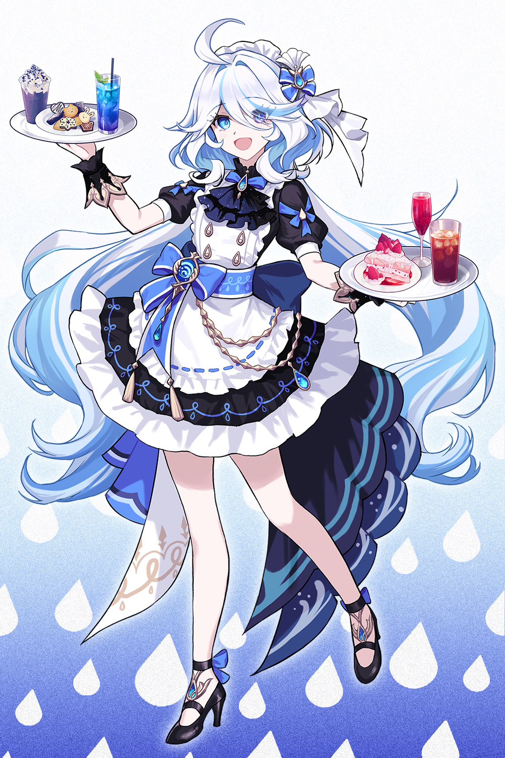 1girl :d ahoge ascot black_ascot black_footwear blue_brooch blue_eyes blue_hair cake cake_slice dress drink food full_body furina_(genshin_impact) genshin_impact hair_between_eyes heterochromia high_heels highres holding holding_plate kyundoo light_blue_hair long_hair looking_at_viewer maid multicolored_hair open_mouth plate short_sleeves sidelocks simple_background smile snack solo streaked_hair two-tone_hair vision_(genshin_impact) white_background