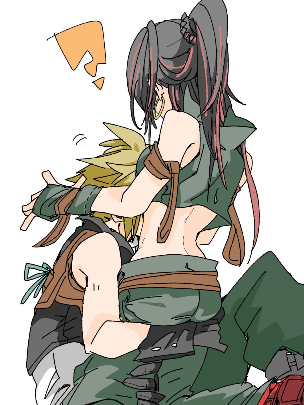 1boy 1girl ? arm_strap baggy_pants bare_shoulders belt black_hair blonde_hair breasts cloud_strife commentary_request cosplay couple crop_top cropped_shirt earrings final_fantasy final_fantasy_ix final_fantasy_vii final_fantasy_vii_ever_crisis fingerless_gloves from_behind gloves green_gloves green_pants green_shirt grey_gloves grey_vest high_ponytail highres hug hugging_another's_leg jewelry kneeling long_hair midriff multicolored_hair official_alternate_costume oshibainoticket pants popped_collar red_hair salamander_coral salamander_coral_(cosplay) shirt sitting sleeveless sleeveless_shirt sleeveless_turtleneck spiked_hair sweater tifa_lockhart turtleneck turtleneck_sweater two-tone_hair vest white_background white_sweater zidane_tribal zidane_tribal_(cosplay)