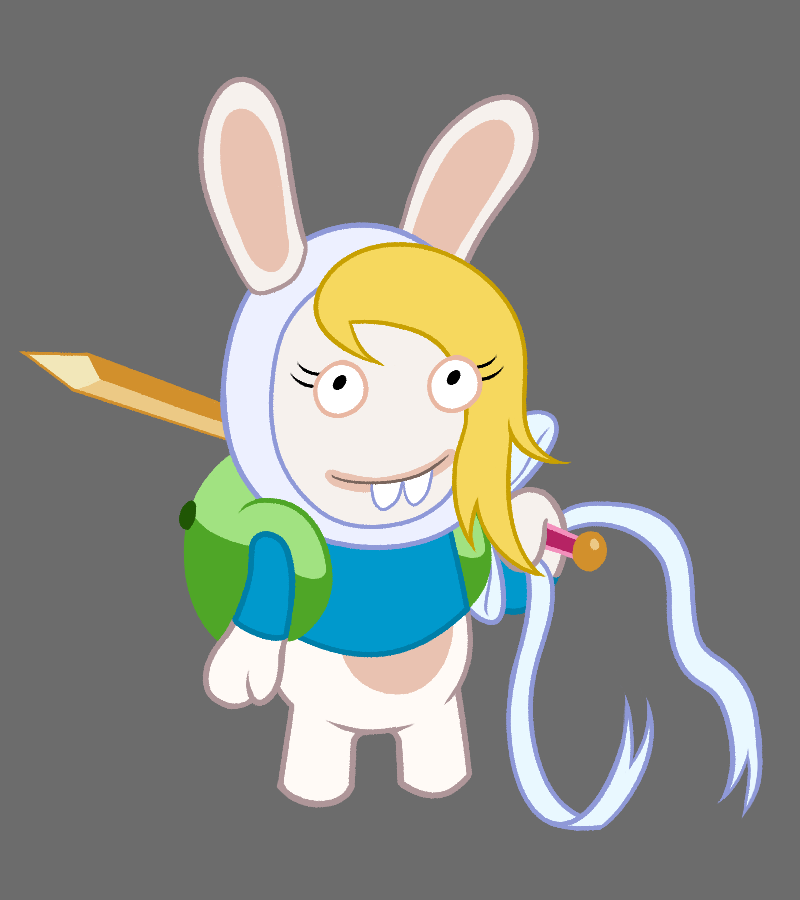 2023 adventure_time anthro backpack blonde_hair bottomless buckteeth cartoon_network clothed clothing cosplay crossover crossover_cosplay eyelashes female fionna_the_human grey_background hair hat headgear headwear lagomorph looking_at_viewer mammal melee_weapon rabbid raving_rabbids rayman_(series) shirt simple_background solo sword teeth topwear ubisoft unknown_artist weapon