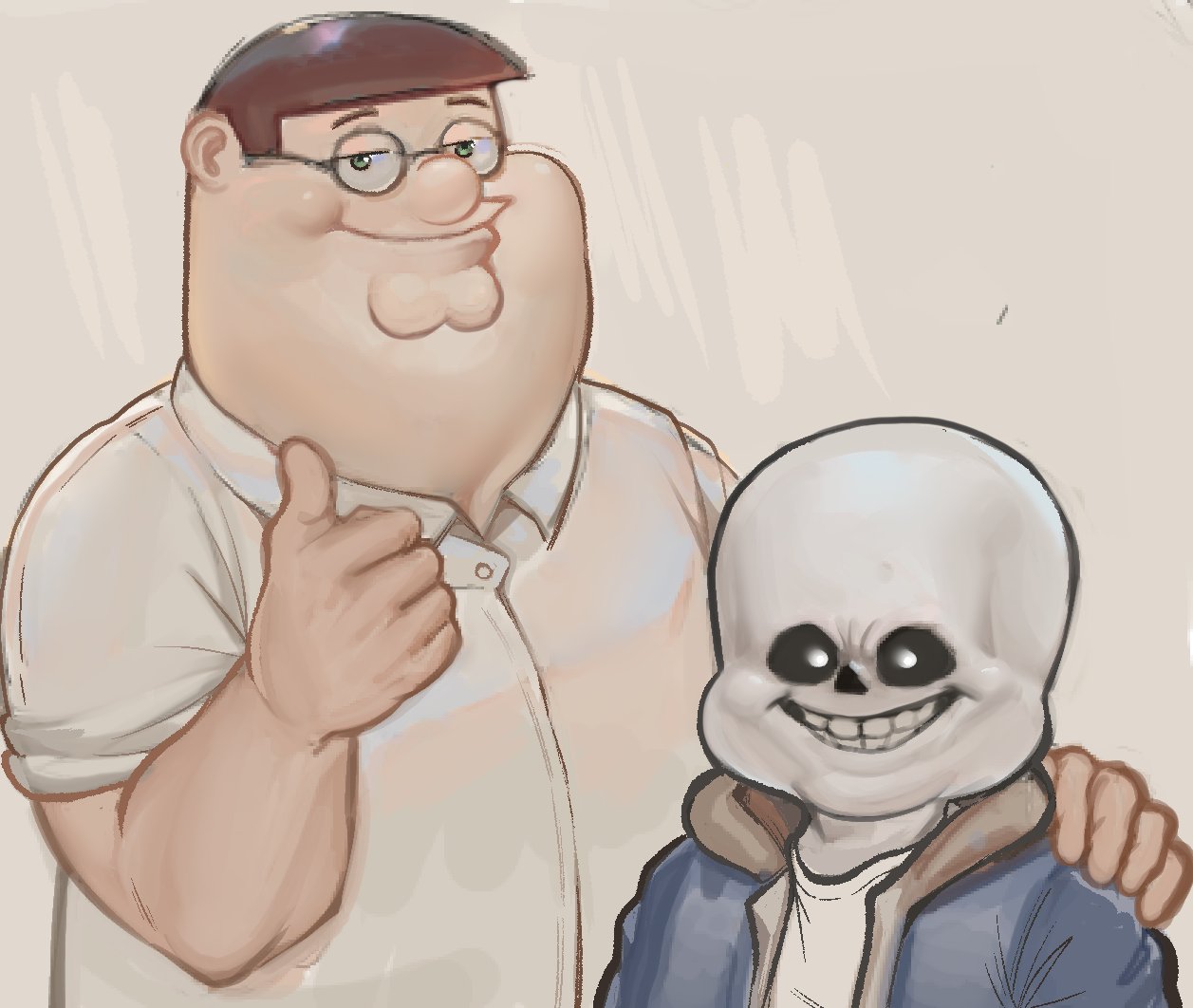 2boys blue_jacket bone brown_hair cleft_chin closed_mouth collared_shirt double_chin family_guy fat fat_man green_eyes hood hooded_jacket jacket kowai_(iamkowai) multiple_boys peter_griffin sans shirt short_hair skeleton smile thumbs_up undertale very_short_hair white_shirt