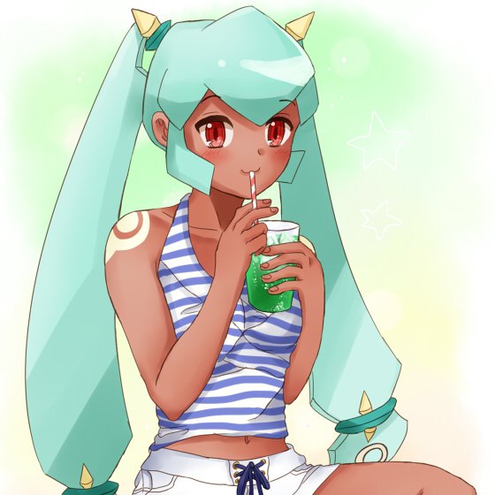 1girl arm_tattoo bare_arms casual closed_mouth cup dark-skinned_female dark_skin drinking_straw green_hair jewelry long_hair looking_at_viewer mega_man_(series) mega_man_legends navel red_eyes rimusutera simple_background smile solo striped tattoo twintails yuna_(mega_man)