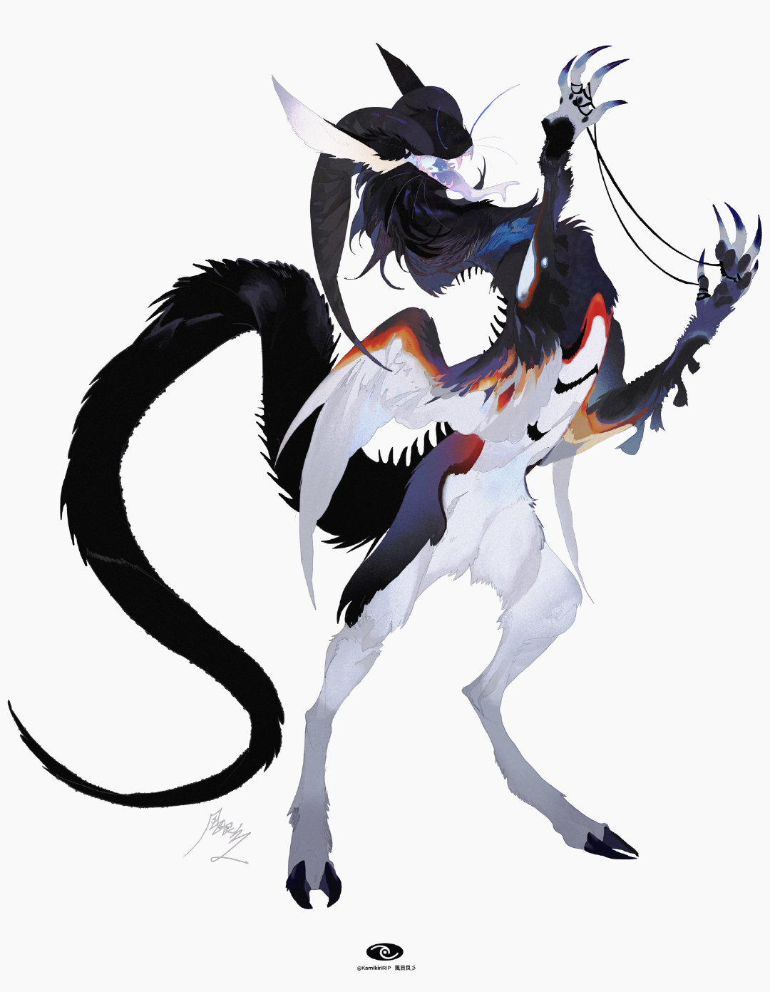animal_ears animal_focus artist_name bird_wings black_ribbon body_fur claws cloven_hooves colored_tongue curled_horns fangs feathered_wings forked_tongue from_side full_body hands_up highres holding holding_ribbon hooves horns kamikiririp monster no_eyes no_humans open_mouth original purple_tongue rearing ribbon sharp_teeth sheep_horns signature simple_background solo spikes standing tail teeth tongue tongue_out whiskers white_background white_fur wings