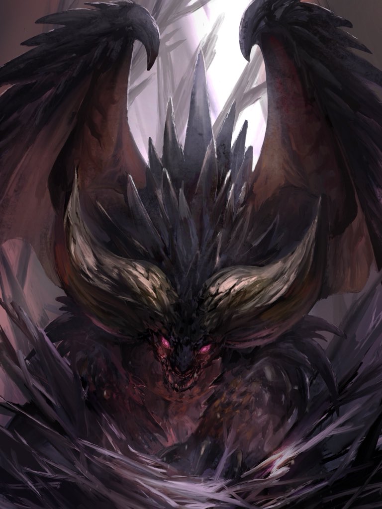 animal_focus chinese_commentary claws commentary_request glowing glowing_eyes horns large_horns looking_at_viewer mixed-language_commentary monster monster_hunter_(series) nergigante no_humans pink_eyes sharp_teeth solo teeth wings xilan_tea