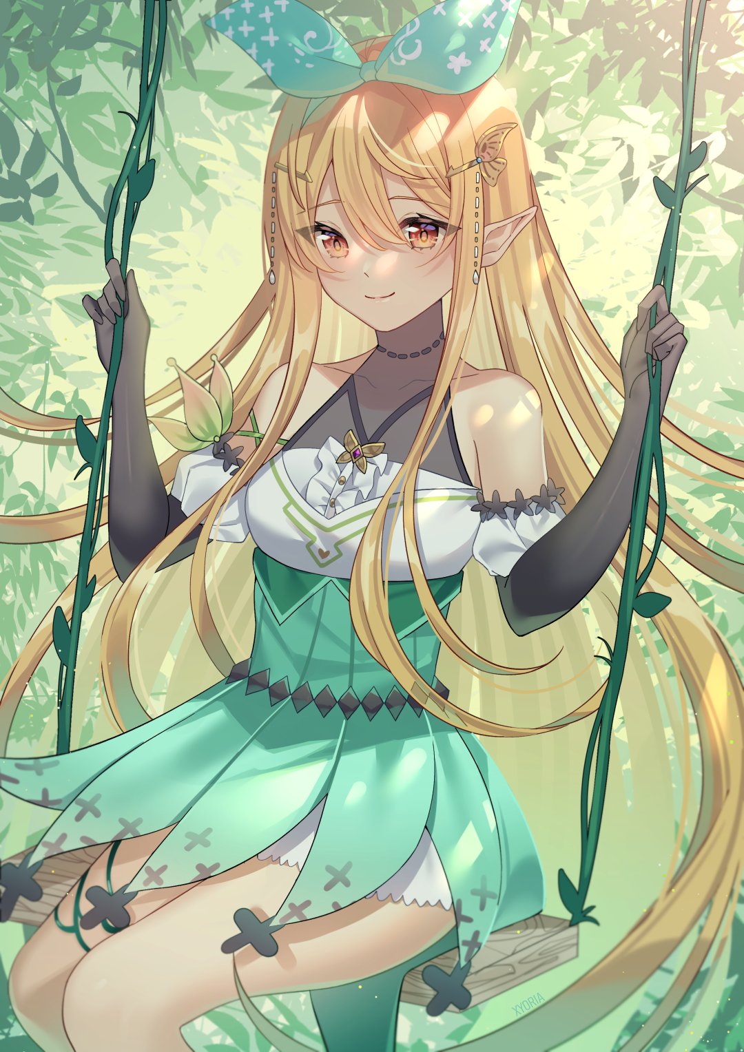 1girl black_gloves blonde_hair blue_bow bow brown_eyes elbow_gloves gloves green_skirt hair_bow halterneck high-waist_skirt highres long_hair nijisanji nijisanji_en pointy_ears pomu_rainpuff pomu_rainpuff_(1st_costume) sitting skirt smile solo swing umireki very_long_hair virtual_youtuber