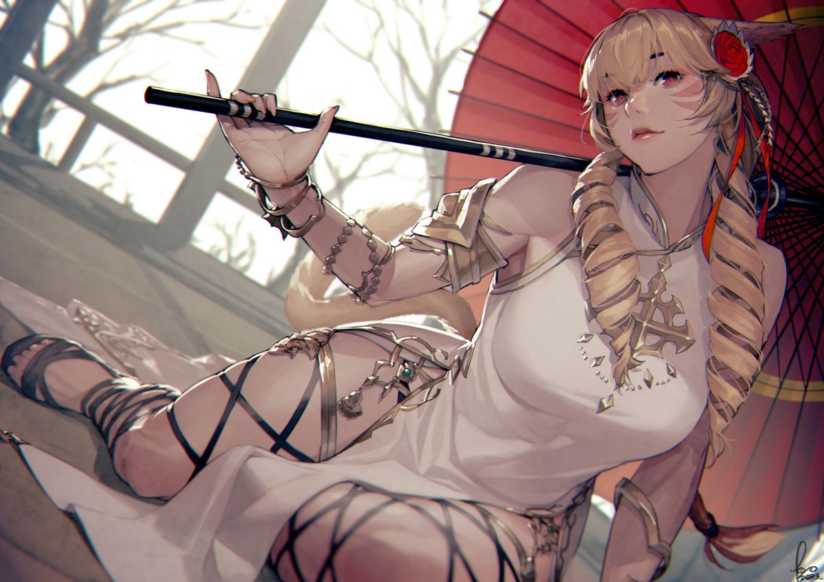 1girl ankle_lace-up bangle black_footwear boots bracelet breasts character_request china_dress chinese_clothes cross-laced_footwear dress final_fantasy final_fantasy_xiv holding holding_umbrella jewelry kyo_(kuroichigo) lace-up_boots large_breasts long_hair looking_at_viewer pelvic_curtain side_slit sleeveless sleeveless_dress solo umbrella white_dress
