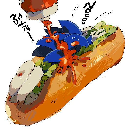 1boy aoki_(fumomo) blue_hair bottle commentary_request english_text food food_focus furry furry_male hot_dog in_food ketchup ketchup_bottle lettuce long_hair lying male_focus mixed-language_text on_stomach partial_commentary simple_background solo sonic_(series) sonic_the_hedgehog spiked_hair sweat talking white_background