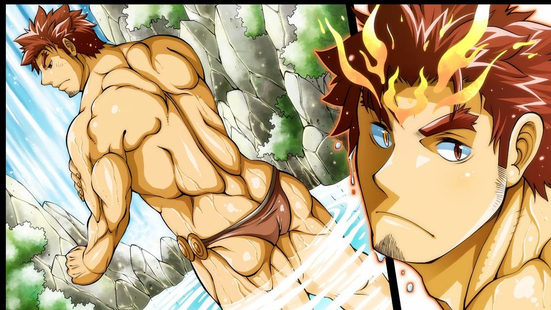 1boy bara bathing black_border bombom border brown_male_swimwear fafnir_(f-kare) feet_out_of_frame fire forked_eyebrows from_behind game_cg goatee_stubble heterochromia long_sideburns male_focus male_swimwear multiple_views muscular muscular_male official_art partially_submerged red_eyes red_hair short_hair shoukan_yuusha_to_f-kei_kareshi sideburns thick_eyebrows topless_male water water_drop waterfall yellow_eyes