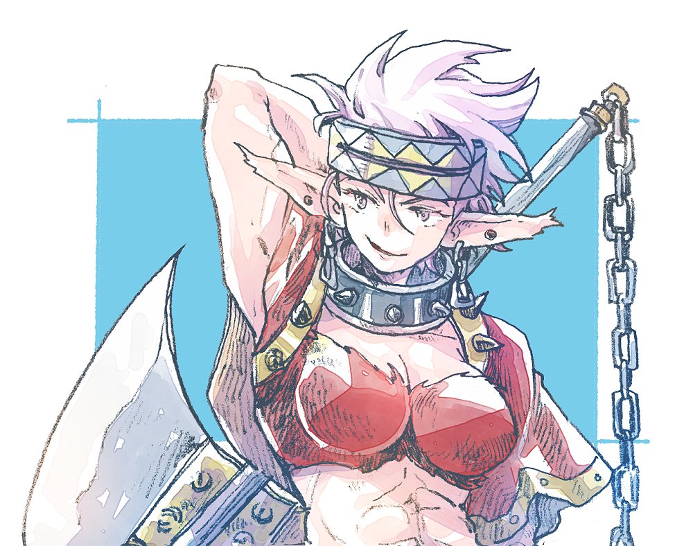 1girl axe breasts collar earrings grandia grandia_i hair_ornament headband holding holding_axe jewelry michibata_65 milda_(grandia) muscular muscular_female open_mouth pointy_ears protected_link purple_hair short_hair smile solo spiked_collar spikes weapon