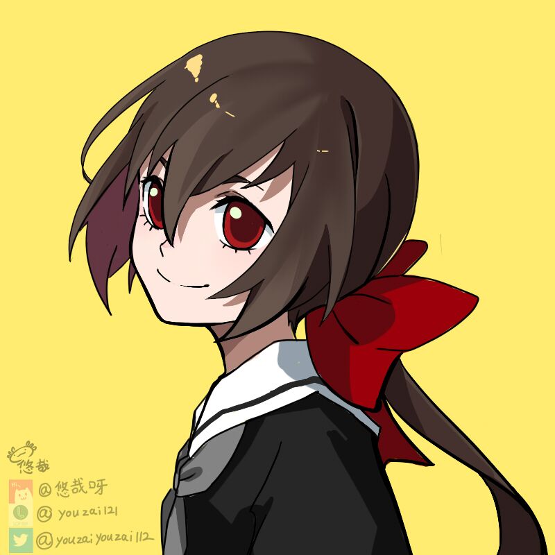 1girl black_shirt bow brown_hair chinese_commentary closed_mouth grey_neckerchief hair_between_eyes hair_bow koto_(kyousougiga) kyousougiga neckerchief ponytail red_bow red_eyes sailor_collar shirt simple_background smile solo split_mouth twitter_username upper_body white_sailor_collar yellow_background youzaiyouzai112