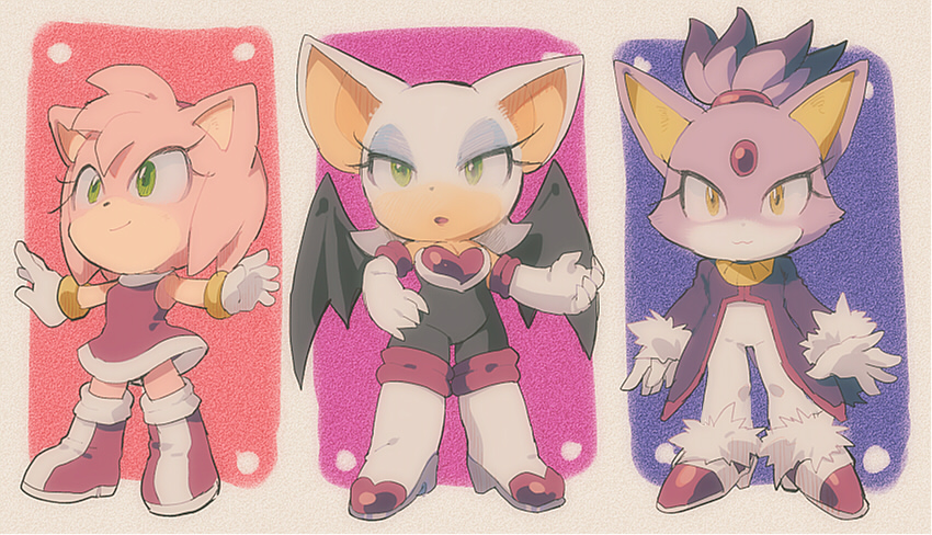 3girls :3 amy_rose animal_ears aoki_(fumomo) arms_at_sides arms_up bat_ears bat_girl bat_wings black_bodysuit black_wings blaze_the_cat blue_eyeshadow bodysuit boots breasts cat_ears cat_girl chibi cleavage closed_mouth coat colored_tips commentary_request dress elbow_gloves eyeshadow flat_chest forehead_jewel full_body fur-trimmed_footwear fur-trimmed_gloves fur_trim furry furry_female gem gloves green_eyes half-closed_eyes hand_on_own_hip hand_up happy high_heels knee_boots long_sleeves looking_afar looking_at_viewer makeup multicolored_hair multiple_girls outline outstretched_arms pants partial_commentary pink_hair purple_coat purple_hair red_dress red_footwear red_gemstone rouge_the_bat shoes short_dress short_hair sidelocks sleeveless sleeveless_dress small_breasts smile sonic_(series) spread_arms standing thigh_boots topknot two-tone_hair white_footwear white_gloves white_hair white_outline white_pants wings yellow_eyes