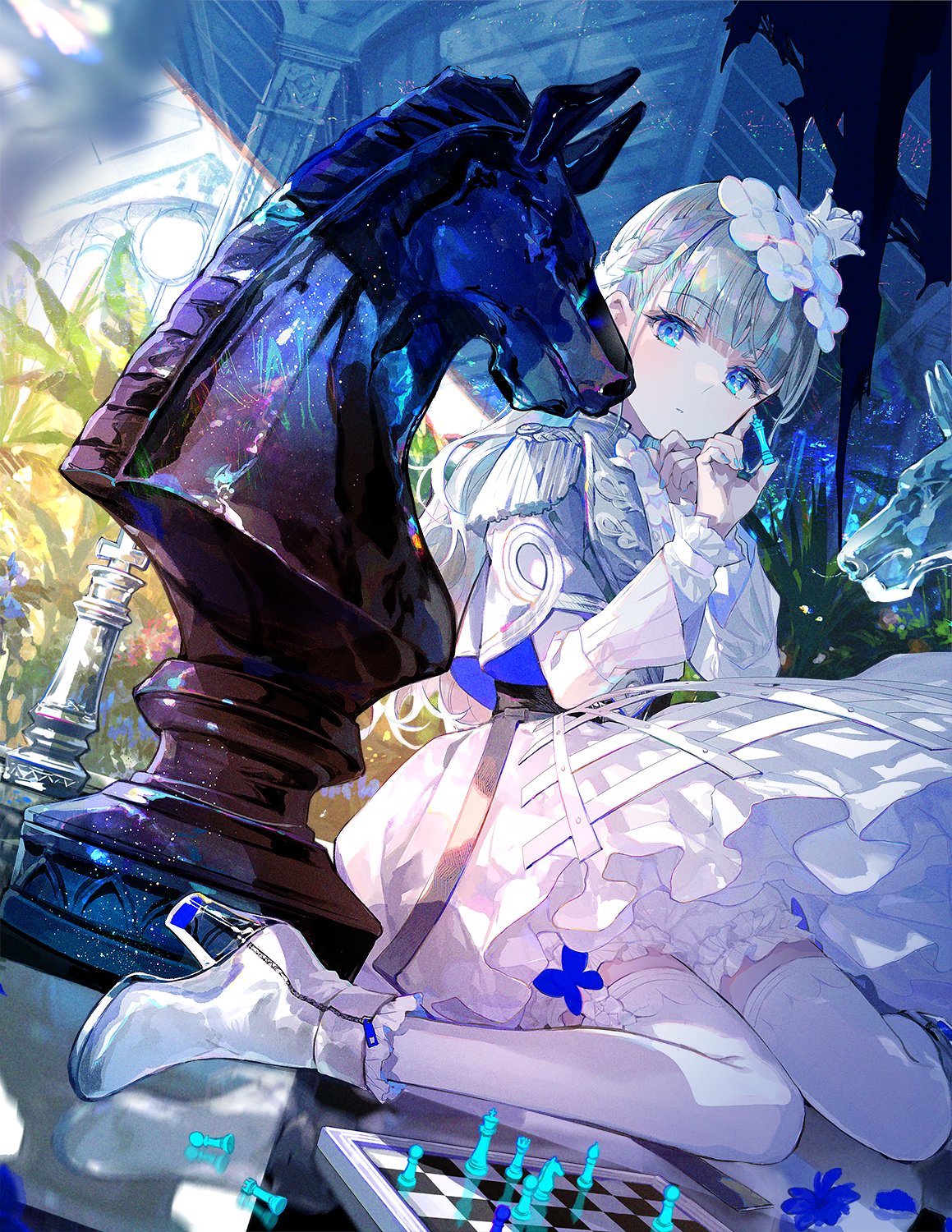 1girl aiguillette ankle_boots bishop_(chess) bloomers blue_eyes blue_nails blunt_bangs board_game boots braid chess chess_piece crown expressionless flower frilled_sleeves frills fuzichoco grey_hair hair_flower hair_ornament high_heel_boots high_heels highres holding_chess_piece king_(chess) kneeling knight_(chess) looking_at_viewer mini_crown original pawn_(chess) pillar plant queen_(chess) skirt solo thighhighs white_bloomers white_flower white_footwear white_skirt white_thighhighs