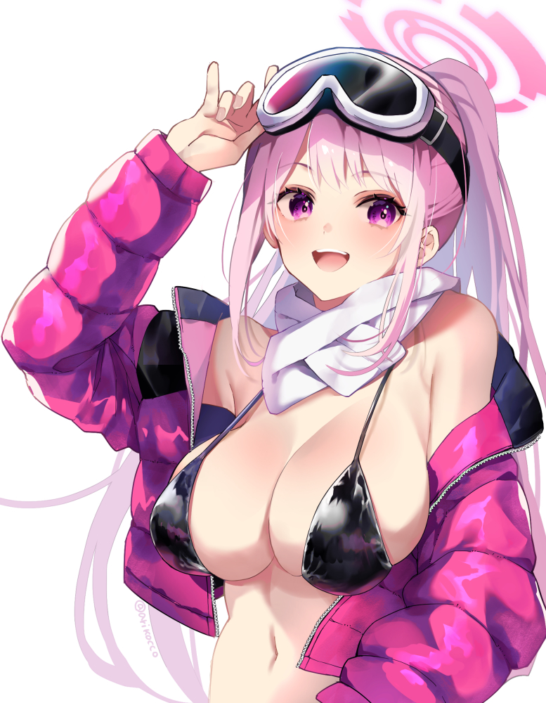1girl :d adjusting_eyewear ariko_youichi arm_up bare_shoulders bikini black_bikini blue_archive blush breasts cleavage eimi_(swimsuit)_(blue_archive) goggles goggles_on_head halo hand_on_eyewear jacket large_breasts long_hair long_sleeves navel off_shoulder official_alternate_costume open_clothes open_jacket pink_eyes pink_hair pink_halo pink_jacket ponytail scarf sidelocks simple_background smile solo swimsuit teeth upper_teeth_only white_background white_scarf