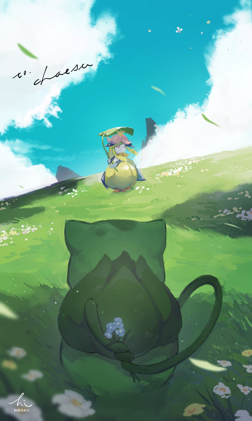 animal_focus blue_flower blue_sky bulbasaur cloud cloudy_sky commission day facing_away flower grass hideko_(l33l3b) highres hill holding holding_behind_back holding_flower holding_leaf leaf leaf_umbrella lilligant no_humans on_grass outdoors pokemon pokemon_(creature) shadow signature sky standing white_flower wind yellow_flower