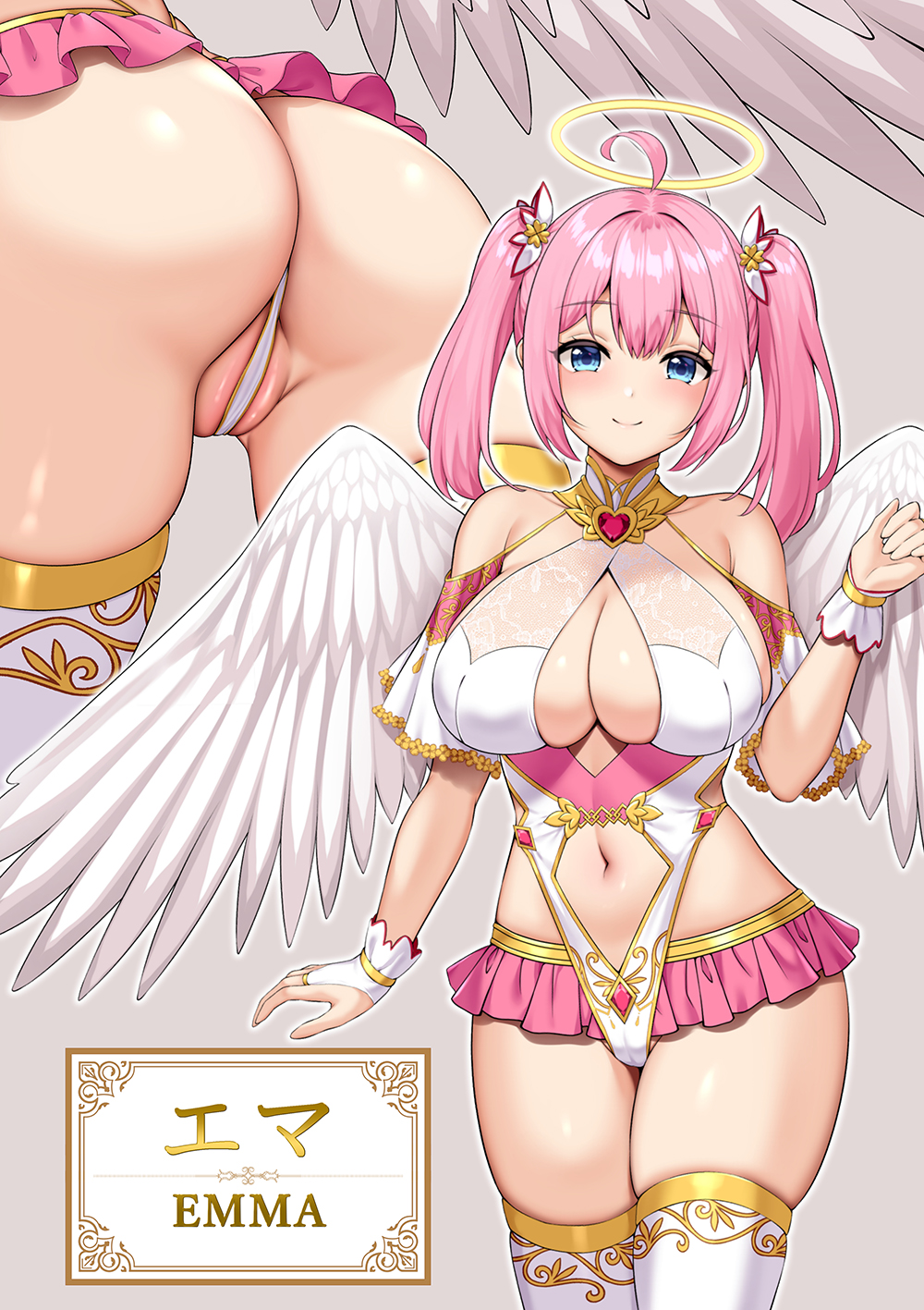 1girl ahoge angel_wings ass ayase-mio bare_shoulders blue_eyes blush breasts character_name cleavage cleavage_cutout closed_mouth clothing_cutout commentary_request double-parted_bangs feathered_wings gem gold_trim hair_between_eyes hair_ornament halo halter_leotard halterneck hand_up heart-shaped_gem highleg highleg_leotard highres large_breasts leotard looking_at_viewer lower_body microskirt navel navel_cutout original partially_visible_vulva pink_hair pink_skirt red_gemstone skindentation skirt smile solo thick_thighs thighhighs thighs twintails white_bridal_gauntlets white_thighhighs white_wings wings yellow_halo