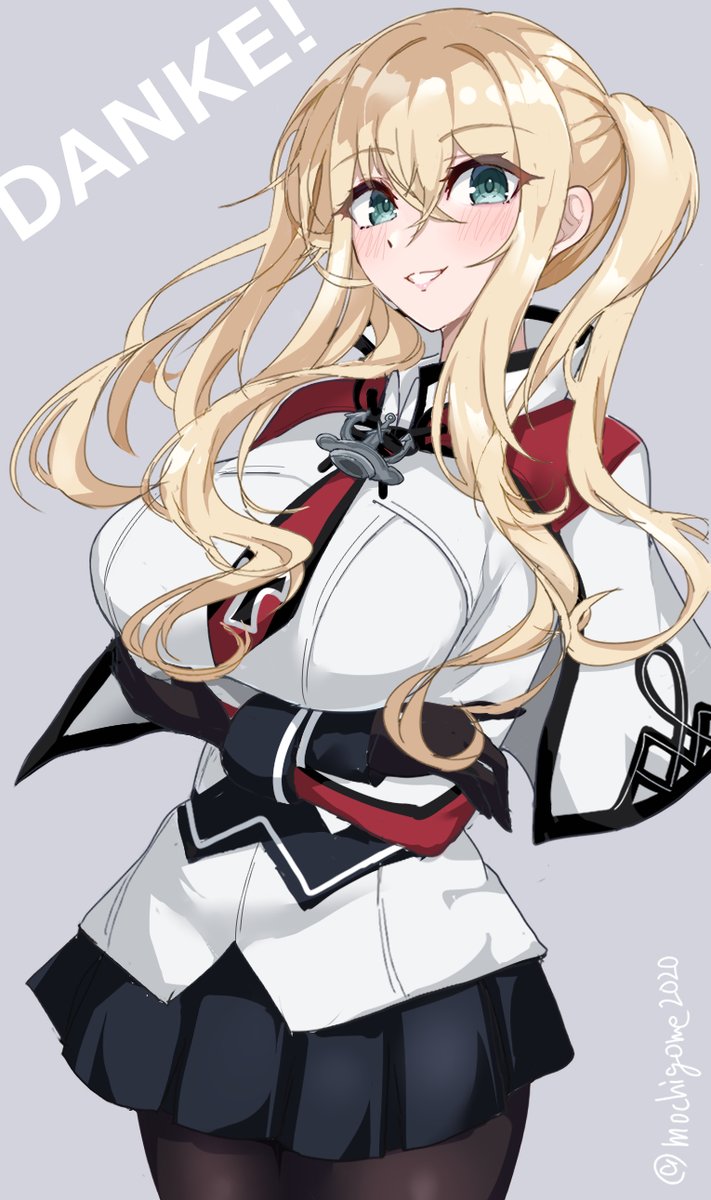 1girl anchor black_gloves black_pantyhose black_skirt blonde_hair blue_eyes breasts capelet celtic_knot chamumi_(mochiumee) cowboy_shot cross crossed_arms german_text gloves graf_zeppelin_(kancolle) grey_background hair_between_eyes highres iron_cross kantai_collection large_breasts long_hair looking_at_viewer military_uniform necktie pantyhose sidelocks skirt smile solo twintails uniform