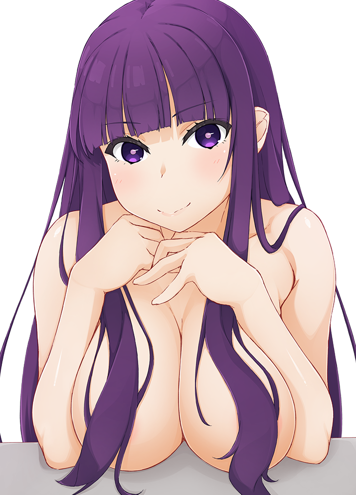 1girl blunt_bangs blush breasts closed_mouth collarbone commentary_request completely_nude fern_(sousou_no_frieren) hair_over_breasts hinata_masaki large_breasts long_hair nude paid_reward_available purple_eyes purple_hair sidelocks simple_background smile solo sousou_no_frieren straight_hair white_background