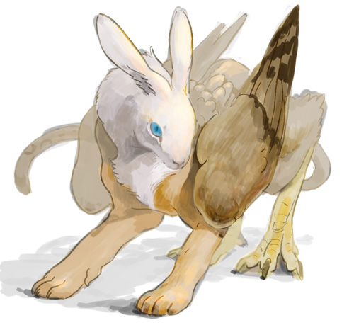 bird_wings blue_eyes chimera feathered_wings kui_ryouko leopard_tail lowres monster original rabbit spurs tail talons wings