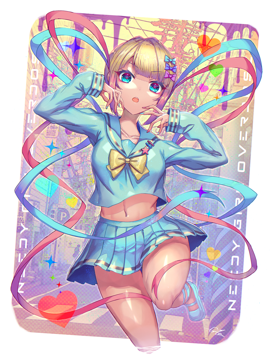 1girl :o blonde_hair blue_bow blue_eyes blue_footwear blue_hair blue_nails blue_shirt blue_skirt blunt_bangs border bow breasts chouzetsusaikawa_tenshi-chan commentary_request copyright_name cowboy_shot cropped_legs crosswalk gia hair_bow hair_ornament hands_up heart heart_hair_ornament long_hair long_sleeves looking_at_viewer medium_breasts midriff miniskirt multicolored_hair multicolored_nails nail_polish needy_girl_overdose open_mouth outdoors pink_bow pink_hair pink_nails pleated_skirt purple_bow quad_tails road sailor_collar school_uniform serafuku shirt shoes skirt solo sparkle standing standing_on_one_leg star_(symbol) street twintails utility_pole very_long_hair white_border yellow_bow