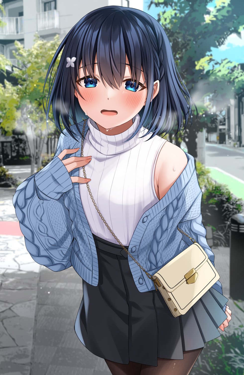 1girl bag bare_shoulders black_hair black_skirt blue_eyes blue_jacket blush braid brown_pantyhose butterfly_hair_ornament commentary_request day hair_between_eyes hair_ornament hand_up handbag heavy_breathing highres jacket komori_kuzuyu long_sleeves looking_at_viewer open_clothes open_jacket open_mouth original outdoors pantyhose pleated_skirt puffy_long_sleeves puffy_sleeves rivier_(kuzuyu) shirt shoulder_bag skirt sleeveless sleeveless_shirt sleeves_past_wrists solo sweat tree turtleneck_shirt white_shirt