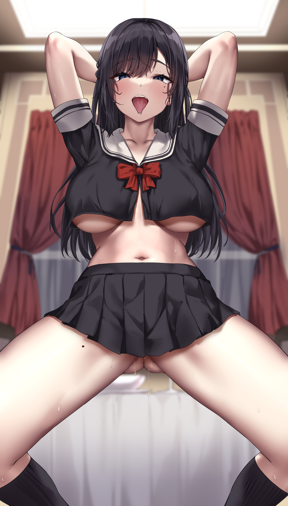 1girl arms_behind_head ass_visible_through_thighs black_eyes black_hair black_shirt black_skirt black_socks blurry blurry_background breasts curtains highres indoors jack_dempa kneehighs large_breasts long_hair looking_at_viewer midriff miniskirt mole mole_on_thigh mole_under_eye navel original pleated_skirt pussy_juice sailor_collar school_uniform shirt short_sleeves skirt socks solo spread_legs squatting standing tongue tongue_out underboob white_sailor_collar