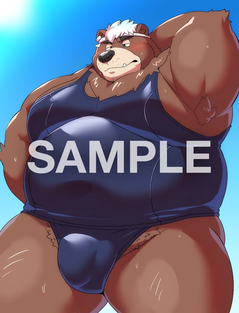 12beat13 accessory anthro bear belly blush bodily_fluids brown_body brown_fur bulge clothing eyebrows fur goro_(live_a_hero) hair headband lifewonders live_a_hero male mammal moobs one-piece_swimsuit overweight solo sweat swimwear thick_eyebrows white_hair