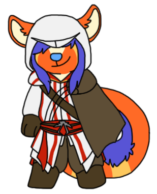 2013 alpha_channel ambiguous_gender anthro assassin's_creed blue_nose bluekyokitty boots cape chibi clothed clothing cosplay curled_tail digital_drawing_(artwork) digital_media_(artwork) flat_colors footwear full-length_portrait fully_clothed fur gloves hair hair_over_eyes handwear hood long_tail low_res mammal markings orange_body orange_fur portrait purple_hair sebdoggo simple_background smile solo standing tail transparent_background ubisoft white_inner_ear yellow_markings