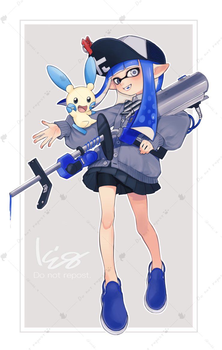 1girl baseball_cap blue_footwear blue_headwear border buttons e-liter_4k_(splatoon) full_body grey_background grey_eyes grey_sweater gun hat holding holding_gun holding_weapon inkling inkling_girl looking_at_viewer minun oekk_8 open_mouth pleated_skirt pointy_ears pokemon pokemon_(creature) pokemon_on_arm shoes skirt solo splatoon_(series) splatoon_3 sweater teeth weapon white_border