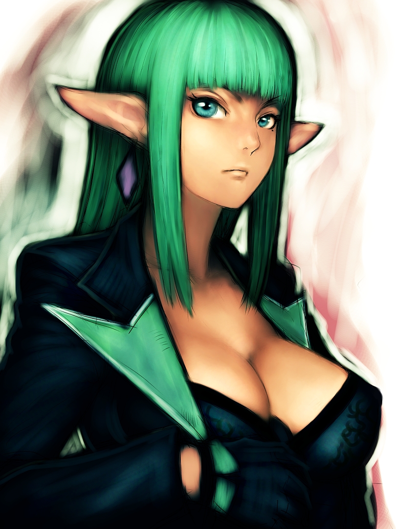 aqua_eyes bangs blunt_bangs breasts cleavage covered_nipples elf fumio_(rsqkr) gloves green_hair large_breasts long_hair mole mole_under_eye no_bra phantasy_star phantasy_star_portable phantasy_star_portable_2 pointy_ears sketch solo upper_body ursula_rollan