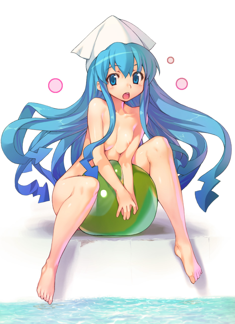 :o ball beachball between_thighs blue_eyes blue_hair breast_squeeze breasts cleavage feet hat highres ikamusume long_hair looking_at_viewer nude open_mouth pool poolside shinryaku!_ikamusume shunin sitting small_breasts solo transparent v_arms water