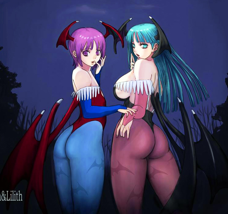 2girls ark ass big_ass big_breasts big_tits breasts capcom cleavage demon_girl from_behind green_eyes green_hair hips large_breasts lilith_aensland long_hair looking_back morrigan_aensland multiple_girls open_mouth purple_eyes purple_hair sexy short_hair succubus surprise surprised vampire_(game) wide_hips wings