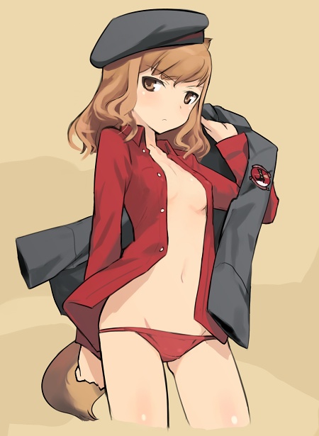 bad_id bad_pixiv_id beret brown_eyes brown_hair cowboy_shot cropped_legs fernandia_malvezzi hat navel open_clothes open_shirt panties red_panties shimada_fumikane shirt solo strike_witches tail underwear world_witches_series