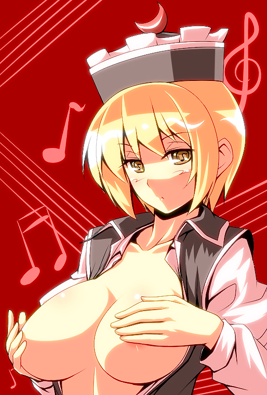 blonde_hair breasts covering covering_breasts hat large_breasts lunasa_prismriver short_hair solo symbol-shaped_pupils touhou tro yellow_eyes
