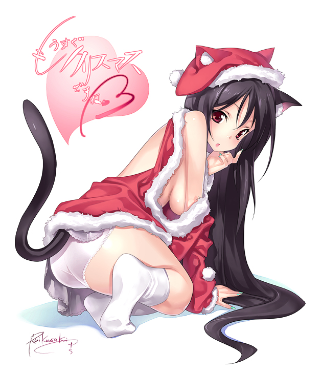 animal_ears animal_hat aqua_nails ass bare_shoulders breasts cat_ears cat_hat cat_tail hat kousaki_rui large_breasts long_hair looking_back nail_polish original panties petticoat santa_costume santa_hat sideboob socks solo squatting tail underwear very_long_hair