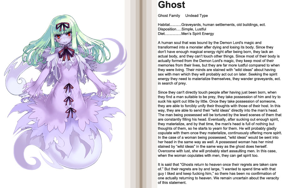 blush bow character_profile english ghost ghost_(monster_girl_encyclopedia) ghost_tail green_hair hair_bow hard_translated hitodama kenkou_cross long_hair monster_girl monster_girl_encyclopedia official_art pointy_ears red_eyes solo translated undead