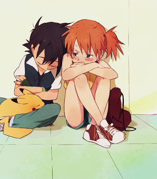 1girl bad_id bad_pixiv_id black_hair blush crossed_arms crossed_legs embarrassed gen_1_pokemon kasumi_(pokemon) legs no_hat no_headwear no_socks ochappa orange_hair pikachu pokemon pokemon_(anime) pokemon_(classic_anime) pokemon_(creature) satoshi_(pokemon) shoes side_ponytail sitting sleeping sneakers sweat